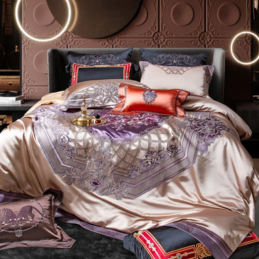 Luxury Purple Gold Baroque Silky Embroidered Egyptian Cotton 1000TC Bedding Set